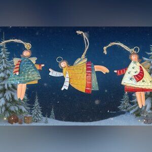 Festive Tin Angel Ornaments Set - Multicolor